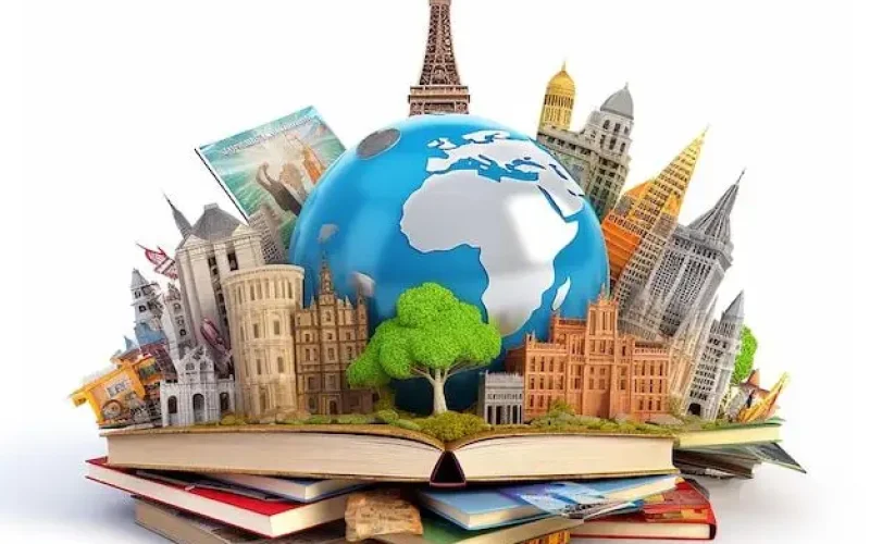 Premium Photo _ Open book with famous monuments of the world on a white background